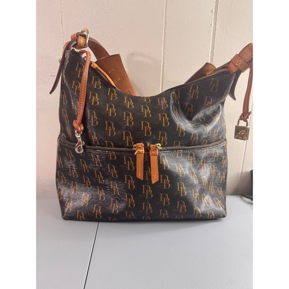 Dooney & Bourke Handbags - Dooney & Bourke Hobo Bag Womens Large Brown Monogram Coated Canvas Leather Trim